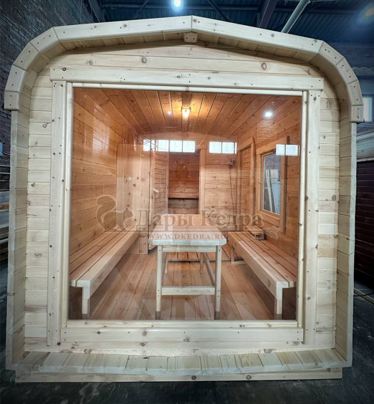 Баня-бочка «Пентагон» с боковым входом и панорамным окном